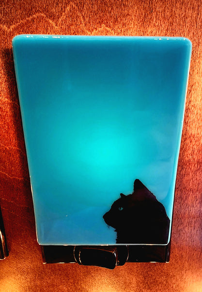 Black Cat silhouette fused glass night light on blue