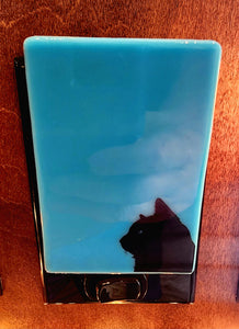 Black Cat silhouette fused glass night light on blue