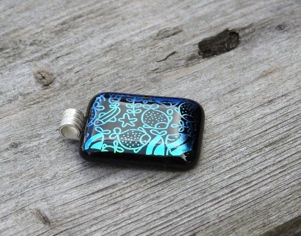 Doodle Fish Green Dichroic Fused Glass Pendant