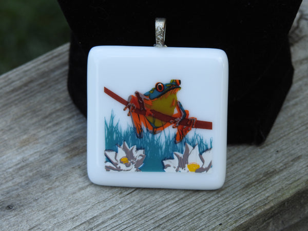 Frog on a Branch Enamel Square Fused Glass Pendant