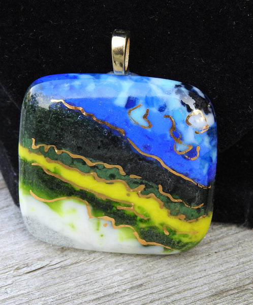 Abstract Layers in Blues, Greens, and White with 22k Gold Accents - Fused Glass Pendant