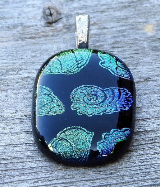 Seashells on the Seashore - Blue and Green Dichroic Fused Glass Pendant