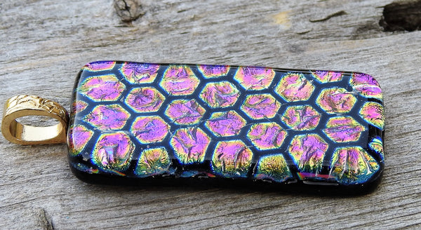 Honeycomb in Pink Purple and Gold Dichroic Fused Glass Pendant