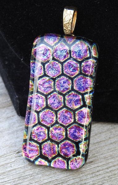 Honeycomb in Pink Purple and Gold Dichroic Fused Glass Pendant