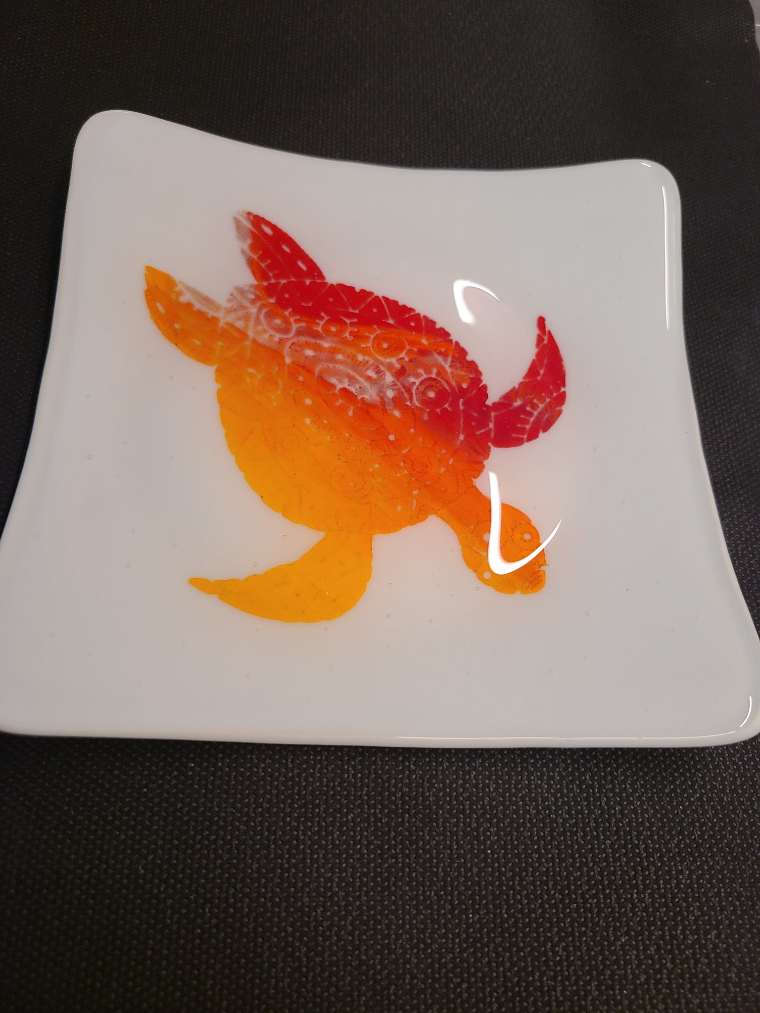 Screenprinted Turtle Fused Glass Dish 6" x 6" white base