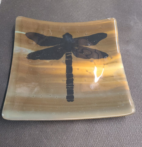 Screenprinted Dragonfly Fused Glass Dish 6" x 6"