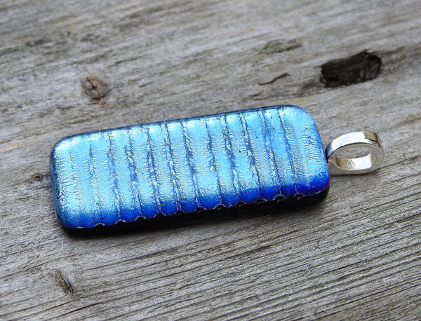 Clear Blue Lines Textured Dichroic Fused Glass Pendant