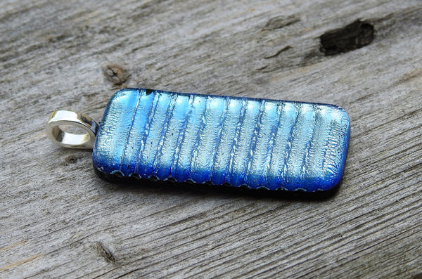 Clear Blue Lines Textured Dichroic Fused Glass Pendant