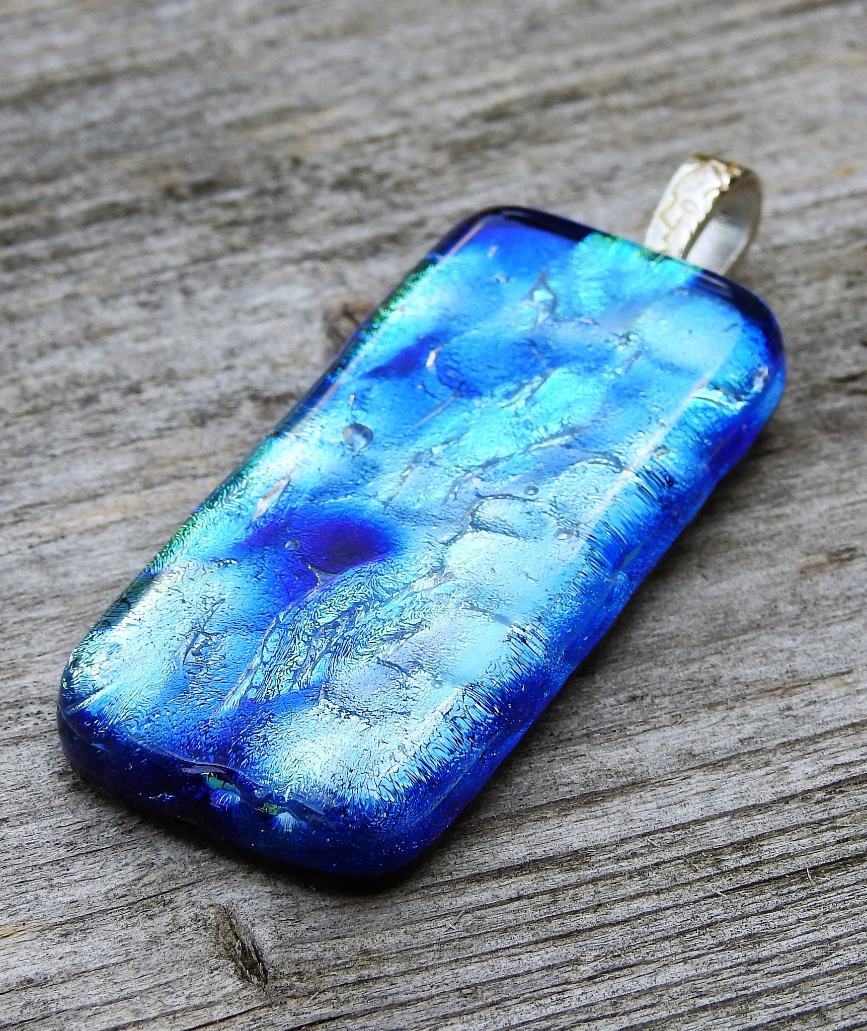 Peacock-like Heavily Textured Dichroic Fused Glass Pendant