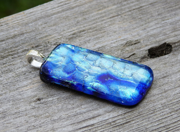 Peacock-like Heavily Textured Dichroic Fused Glass Pendant