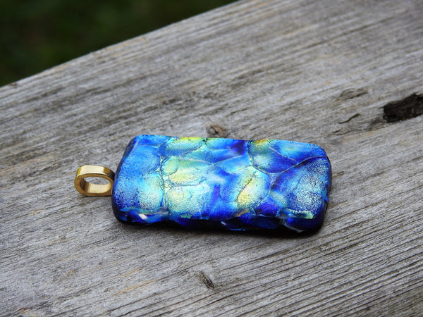 Gold Blue Rocky Heavily Textured Dichroic Fused Glass Pendant