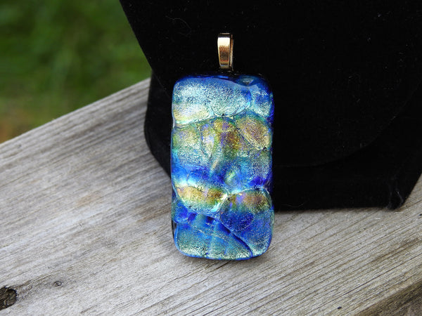 Gold Blue Rocky Heavily Textured Dichroic Fused Glass Pendant