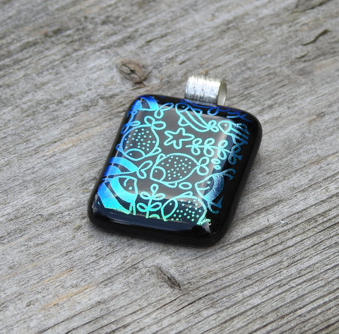 Doodle Fish Green Dichroic Fused Glass Pendant