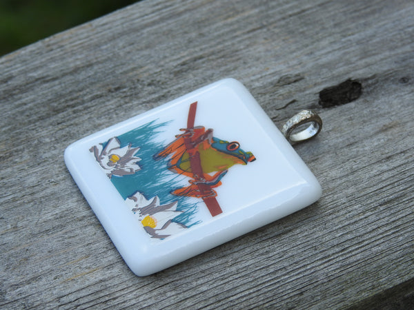 Frog on a Branch Enamel Square Fused Glass Pendant
