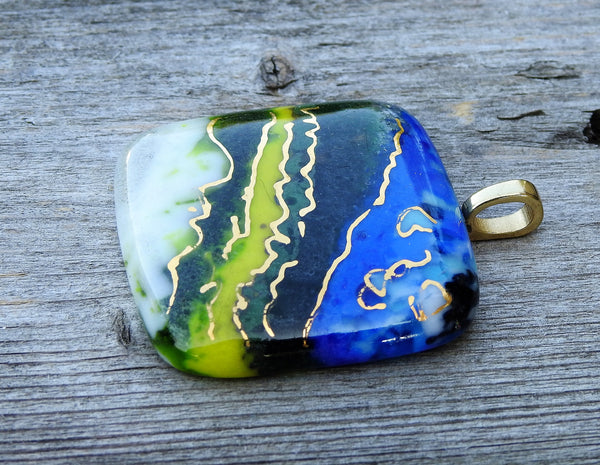 Abstract Layers in Blues, Greens, and White with 22k Gold Accents - Fused Glass Pendant
