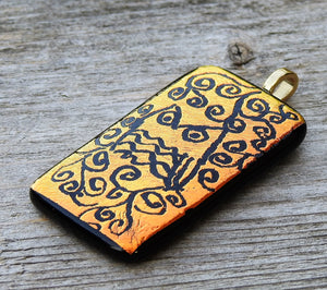 Orange Gold Owl - Hand Etched Dichroic Fused Glass Pendant