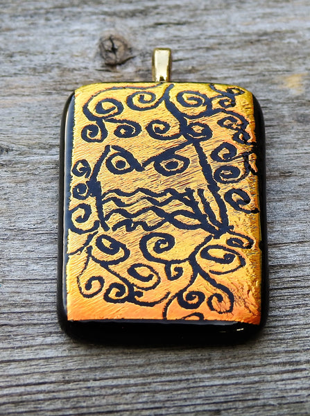 Orange Gold Owl - Hand Etched Dichroic Fused Glass Pendant