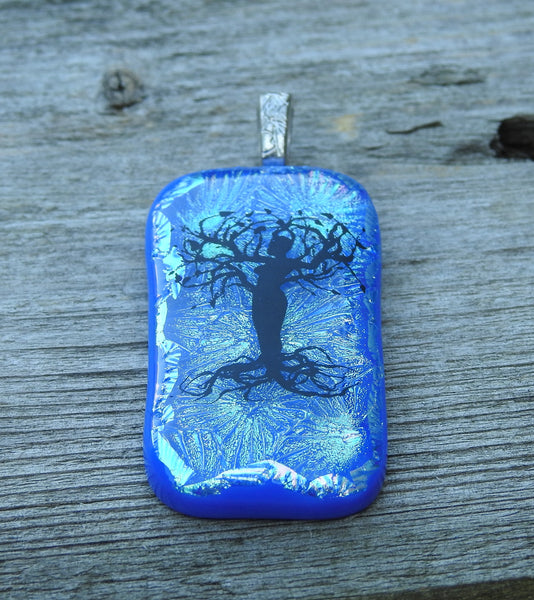 Natural Woman Tree - Blue Dichroic Fused Glass Pendant